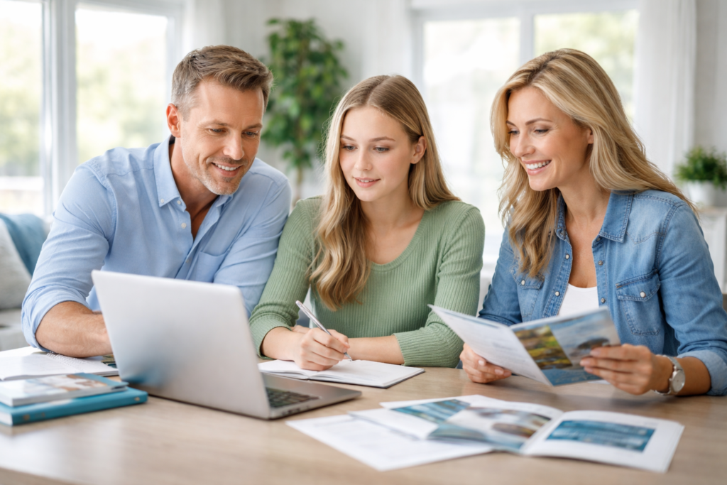 Two parents and their daughter reviewing school brochures together at a kitchen table.