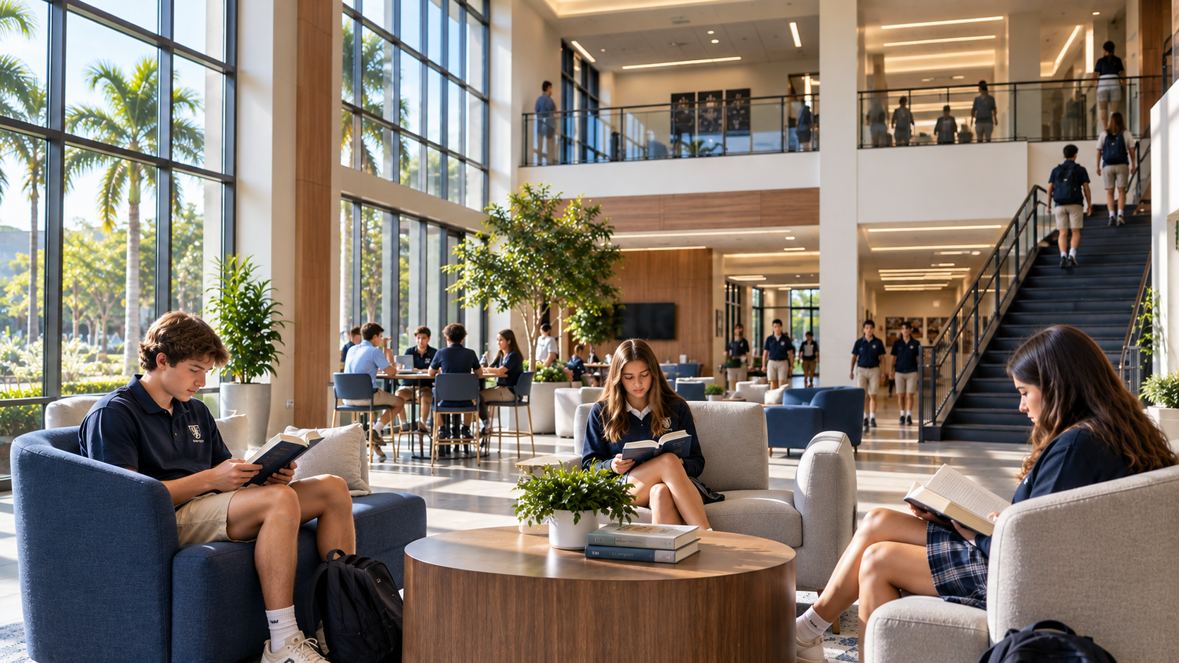 Students studying in the commons area of a private high school in Florida